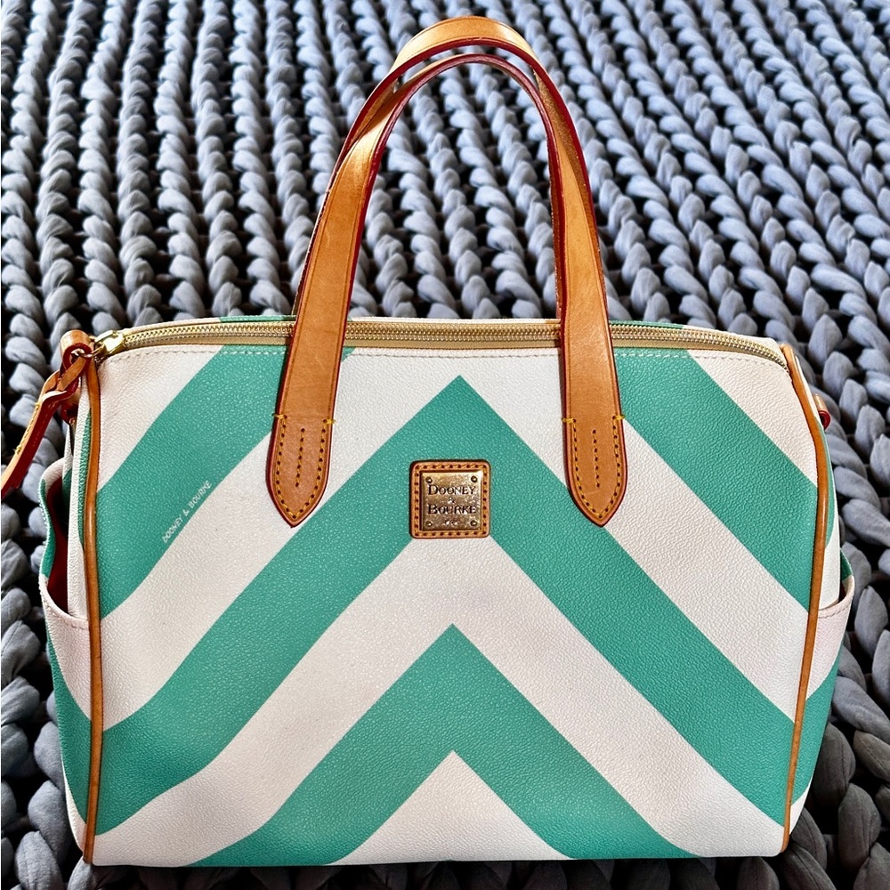 Dooney & Bourke Teal & White Chevron Satchel Bag - Top Handles & Crossbody Strap